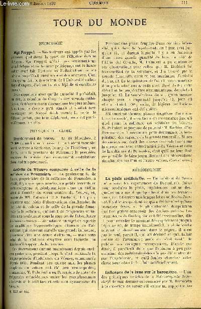 LE COSMOS - REVUE DES SCIENCES ET DE LEURS APPLICATIONS N 362 - Mgr Freppel, Tremblement de terre, Activit du Vsuve compare a celle de la solfatare de Pouzzoles, La pluie artificielle, Influence de la lune sur la baromtre, Strilisation de l'eau