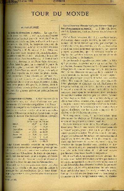 LE COSMOS - REVUE DES SCIENCES ET DE LEURS APPLICATIONS N 363 - Le mois de dcembre a Paris, La temprature a Paris, Les lments climatologiques dtermins par les phnomnes naturels, Magntisme de l'oxygne, Etude de l'arc lectrique, Une belle