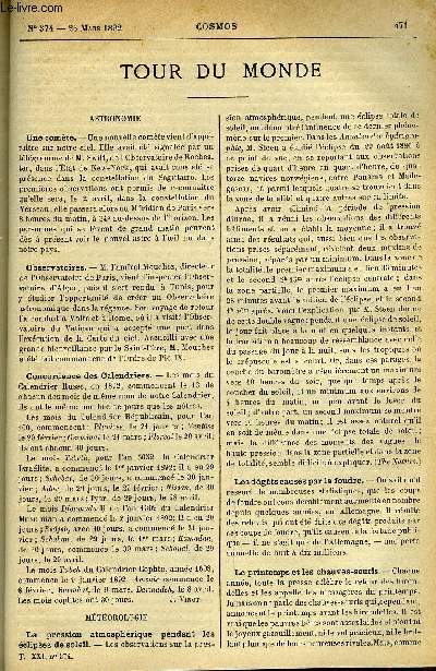 LE COSMOS - REVUE DES SCIENCES ET DE LEURS APPLICATIONS N 374 - Une comte, Observatoires, Concordance des Calendriers, La pression atmosphrique pendant les clipses du soleil, Les dgats causs par la foudre, Le printemps et les chauves-souris