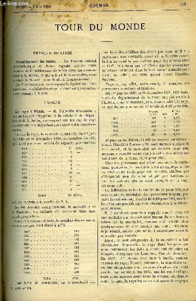 LE COSMOS - REVUE DES SCIENCES ET DE LEURS APPLICATIONS N 380 - Tremblement de terre, La rage a Paris, Les blessures par la dynamite, Les robes a queue et l'hygine, Nouveaux crayons ou crayons mtalliques pour lampes a arc, Cuisine a l'lectricit