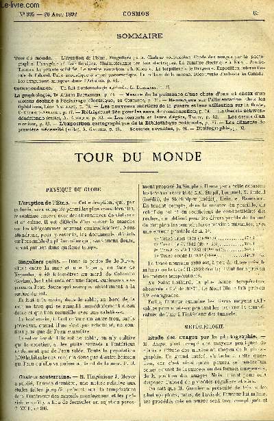 LE COSMOS - REVUE DES SCIENCES ET DE LEURS APPLICATIONS N 395 - L'ruption de l'Etna, Singuliers puits, Chaleur souterraine, Etude des nuages par la photographie, L'oxygne et l'air liquides, Mnmotechnie des lois lectriques, La lumire lectrique