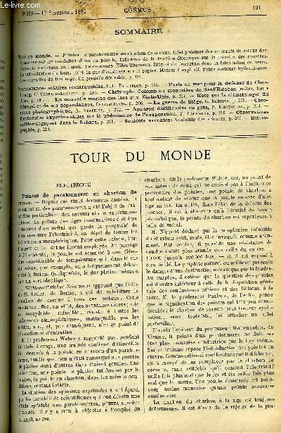 LE COSMOS - REVUE DES SCIENCES ET DE LEURS APPLICATIONS N 399 - Pointes de paratonnerre en charbon de cornue, Effet prsum des courants de retour des tramways sur les conditions d'eau en plomb, Influence de la traction lectrique sur la marche