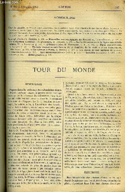 LE COSMOS - REVUE DES SCIENCES ET DE LEURS APPLICATIONS N 402 - Paques dans la rforme du calendrier russe, Sur l'lectricit des chutes d'eau, La communication entre la terre et les bateaux-feux, La drive d'une pave, Les routes des navires