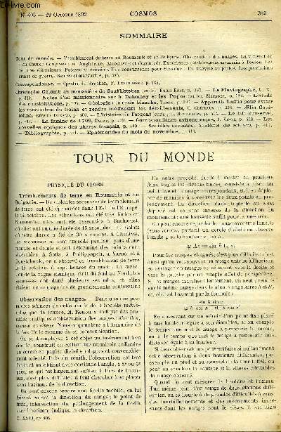 LE COSMOS - REVUE DES SCIENCES ET DE LEURS APPLICATIONS N 405 - Tremblement de terre en Roumanie et en Bulgarie, Observation des nuages, La vivisection au church Congress en Angleterre, Alcoolisme et dgnrs, Exprience d'clairage sous-marin a Toulon