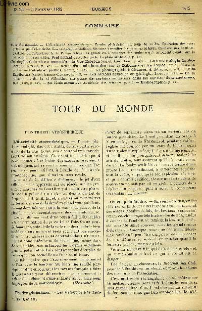 LE COSMOS - REVUE DES SCIENCES ET DE LEURS APPLICATIONS N 406 - L'lectricit atmosphrique, Foudre globulaire, Un coup de foudre, Epuration des eaux potables par l'lectricit, Les tlgraphes italiens, Machine a rcolter les pommes de terre, Obus