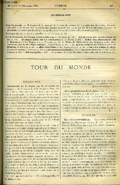 LE COSMOS - REVUE DES SCIENCES ET DE LEURS APPLICATIONS N 407 - Traitement de la lpre par le chlorate de potasse, De la prophylaxie du cholra, Un arbre merveilleux, Utilisation des djections des oiseaux domestiques, Le poison des flches des Ainos