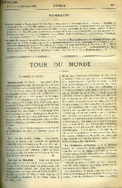 LE COSMOS - REVUE DES SCIENCES ET DE LEURS APPLICATIONS N 412 - Tremblement de terre dans le Nord, Une nouvelle source d'alun, Les lacs de Mansfeld, La circulation ocanique, L'abeille meurt-elle par la perte de son aiguillon?, Avantage d'avoir les yeux