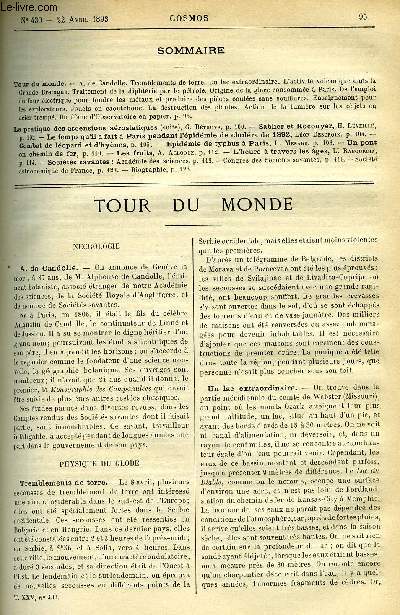 LE COSMOS - REVUE DES SCIENCES ET DE LEURS APPLICATIONS N 430 - A. de Candolle, Tremblements de terre, Un lac extraordinaire, L'activit volcanique dans la Grande-Bretagne, Traitement de la diphtrie par le ptrole, Origine de la glace consomme a Paris