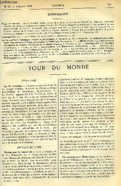 LE COSMOS - REVUE DES SCIENCES ET DE LEURS APPLICATIONS N 441 - Le Fr. Cordier, Etudes sur la valeur de g, Un cyclone aux Etats-Unis, Etude des forces non dfinies, Un plongeur, Laboratoire central d'lectricit, Terrains congels pour faciliter