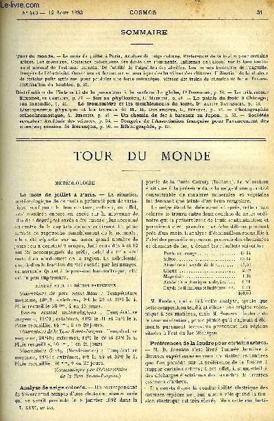LE COSMOS - REVUE DES SCIENCES ET DE LEURS APPLICATIONS N 446 - Le mois de juillet a Paris, Analyse de neige colore, Prfrences de la foudre pour certains arbres, Les monstres, Certaines colorations des dents des ruminants, Influence de l'alcool