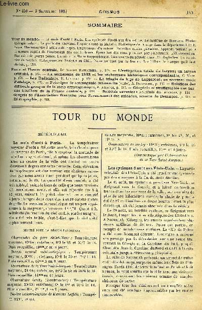 LE COSMOS - REVUE DES SCIENCES ET DE LEURS APPLICATIONS N 450 - Le mois d'aout a Paris, Les cyclones d'aout aux Etats-Unis, Le fantome de Brocken, Photothrapie solaire, Le poids des chevaux, Requins dans la Manche, Statistique de la rage