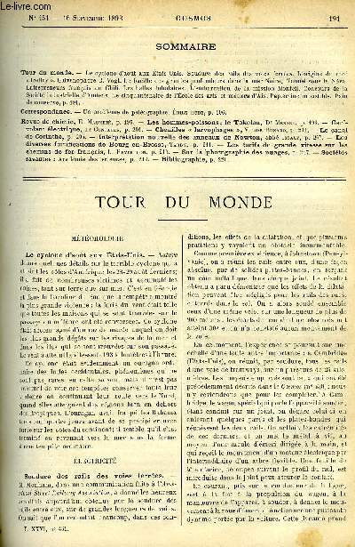 LE COSMOS - REVUE DES SCIENCES ET DE LEURS APPLICATIONS N 451 - Le cyclone d'aout aux Etats-Unis, Soudure des rails des voies ferres, L'origine du mot trolley, Galvanophore C. vogt, Le bacille des grandes profondeurs dans la mer Noire,Tunnel