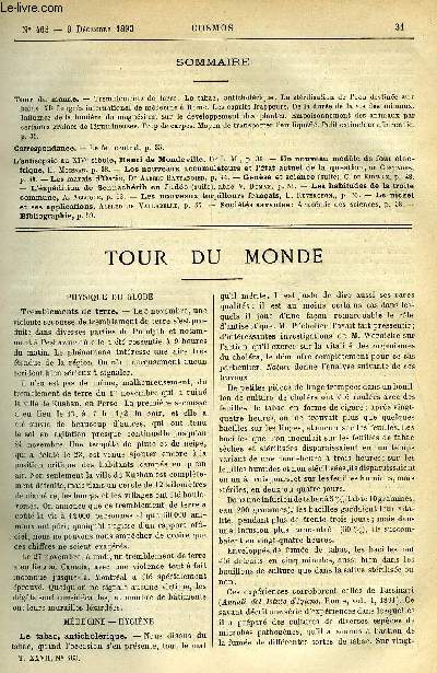 LE COSMOS - REVUE DES SCIENCES ET DE LEURS APPLICATIONS N 463 - Tremblements de terre, Le tabac, anticholrique, La strilisation de l'eau destine aux bains, XIe congrs international de mdecine a Rome, Les esprits frappeurs, De la dure de la vie