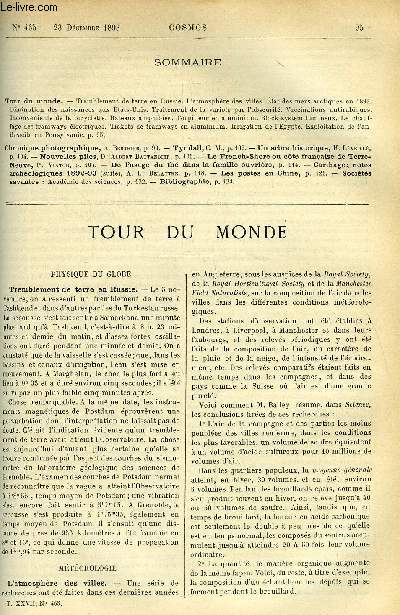 LE COSMOS - REVUE DES SCIENCES ET DE LEURS APPLICATIONS N 465 - Tremblement de terre en Russie, L'atmosphre des villes, Etat des mers arctiques en 1893, Diminution des naissances aux Etats-Unis, Traitement de la variole par l'obscurit, Vaccinations