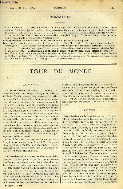 LE COSMOS - REVUE DES SCIENCES ET DE LEURS APPLICATIONS N 476 - La granche tache du soleil, Les comtes et la chaleur, Polarisation de la lumire, Rgions polaires, Pntration des sels minraux dans les fruits traits par leurs solutions, La culture