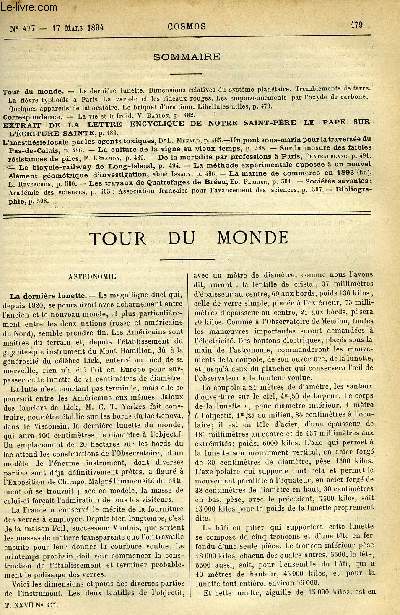 LE COSMOS - REVUE DES SCIENCES ET DE LEURS APPLICATIONS N 477 - La dernire lunette, Dimensions relatives du systme plantaire, Tremblements de terre, La fivre typhoides a Paris, La variole et les rideaux rouges, Les empoisonnements par l'oxyde
