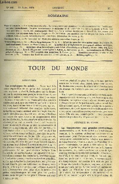 LE COSMOS - REVUE DES SCIENCES ET DE LEURS APPLICATIONS N 481 - Les enveloppes du soleil, La temprature aux grandes profondeurs souterraines, Confrence sanitaire internationale, Congrs international de mdecine et de chirurgie, La fivre typhoide