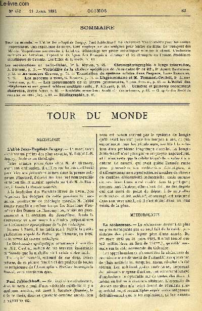 LE COSMOS - REVUE DES SCIENCES ET DE LEURS APPLICATIONS N 482 - L'abb Jean-Baptiste Jaugey, Paul Jablochkoff, La scheresse, Thermomtre pour les hautes tempratures, Une exprience de cours, Lest employ par une araigne pour tendre ses filets