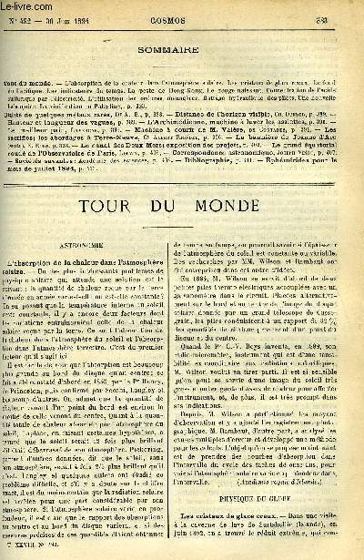 LE COSMOS - REVUE DES SCIENCES ET DE LEURS APPLICATIONS N 492 - L'absorption de la chaleur dans l'atmosphre solaire, Les cristaux de glace creux, Le fond du Pacifique, Les indicateurs du temps, La peste de Hong-Kong, Le rouge naissant, Concentration