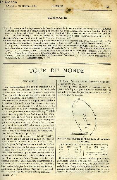 LE COSMOS - REVUE DES SCIENCES ET DE LEURS APPLICATIONS N 508 - Les dplacements de l'axe de rotation de la terre, L'tude photographique des mtores, L'absence d'air autour de la lune, La force d'un escargot, Nez greff, L'empreinte du pouce, Cryostase