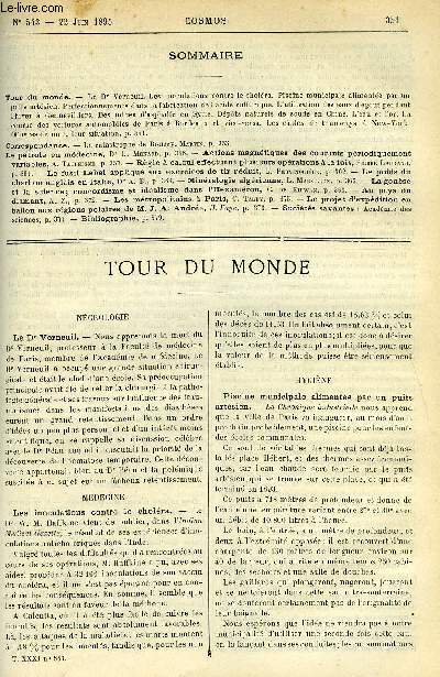 LE COSMOS - REVUE DES SCIENCES ET DE LEURS APPLICATIONS N 543 - Le Dr Verneuil, Les inoculations contre le cholra, Piscine municipale alimente par un puits artsien, Perfectionnements dans la fabrication de l'acide sulfurique, L'utilisation des eaux