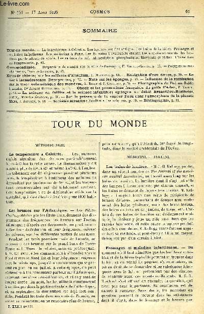 LE COSMOS - REVUE DES SCIENCES ET DE LEURS APPLICATIONS N 551 - La temprature a Calcutta, Les brumes sur l'Atlantique, Les bains de lumire, Fromages et maladies infectieuses, Les mdecins a Paris, Les romains buvaient-ils chaud?, Les empoisonnement