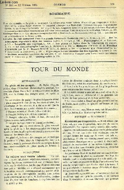 LE COSMOS - REVUE DES SCIENCES ET DE LEURS APPLICATIONS N 559 - La pluie et les nuages, La culture sous verres colors, Electricit par vaporation, L'lectricit et les arbres, Projet monstre de transport d'nergie aux Etats-Unis, Thermomtres