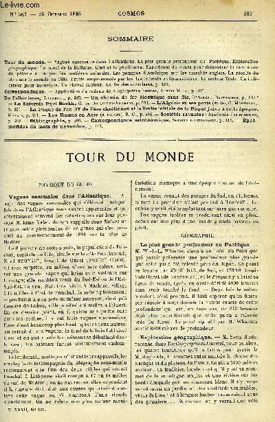 LE COSMOS - REVUE DES SCIENCES ET DE LEURS APPLICATIONS N 561 - Vagues anormales dans l'Atlantique, La plus grande profondeur du pacifique, Explorations gographique, Le canal de la Baltique, L'ail et le phylloxera, Exprience de cours pour dmontrer