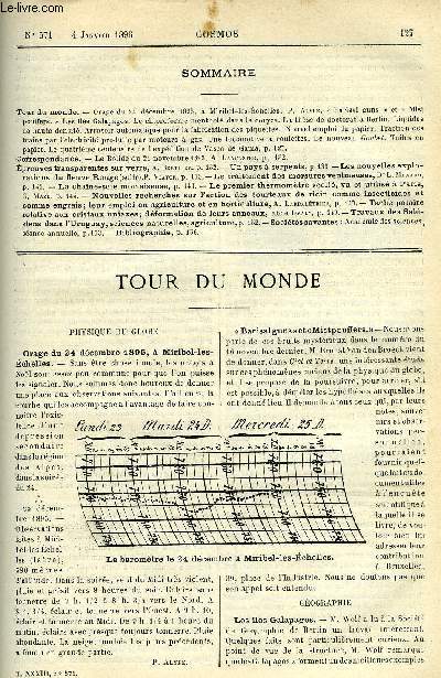 LE COSMOS - REVUE DES SCIENCES ET DE LEURS APPLICATIONS N 571 - Orage du 24 dcembre 1895 a Miribel-les-Echelles, P. Alype, Barisal guns et Mist pouffers, Les iles Galapagos, Le chloroforme menthol dans le coryza, La thse de doctorat a Berlin, Liquides
