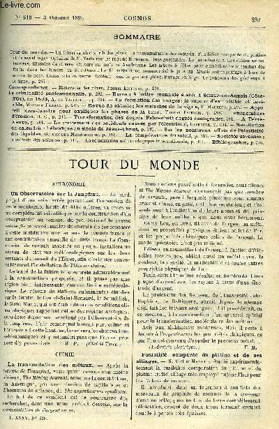 LE COSMOS - REVUE DES SCIENCES ET DE LEURS APPLICATIONS N 610 - Un observatoire sur la Jungfrau, La transmutation des mtaux, Fusibilit compare du platine et de ses alliages, Opinion de M. Tesla sur les rayons Roentgen, Rues gazonnes, La faune borale