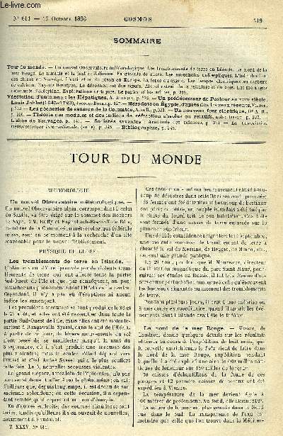 LE COSMOS - REVUE DES SCIENCES ET DE LEURS APPLICATIONS N 611 - Un nouvel observatoire mtorologiques, Les tremblements de terre en Islande, Le nord de la mer Rouge, Le miracle et la justice italienne, Fabricants de sucre, Les mouchois antiseptiques