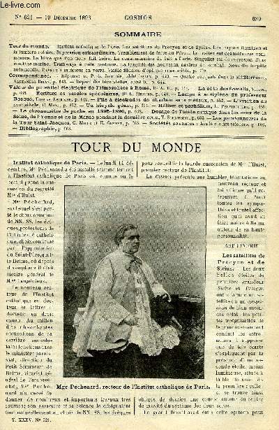 LE COSMOS - REVUE DES SCIENCES ET DE LEURS APPLICATIONS N 621 - Institut catholique de Paris, Les satellites de Procyon et de Syrius, Les rayons Roentgen et la lumire solaire, Dpression extraordinaire, Tremblement de terre au Prou, Le traitement