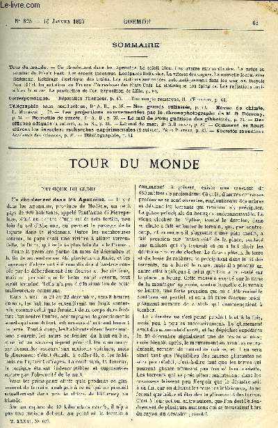 LE COSMOS - REVUE DES SCIENCES ET DE LEURS APPLICATIONS N 625 - Un boulement dans les Apennins, Le soleil bleu, Une averse extraordinaire, La neige au sommet du Pike's Peak, Les cueils inconnus, Les paves flottantes, La vitesse des vagues, La nouvelle