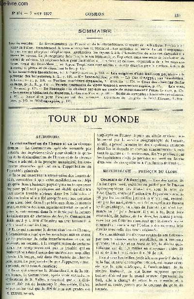 LE COSMOS - REVUE DES SCIENCES ET DE LEURS APPLICATIONS N 654 - La dcimalisation de l'heure et de la circonfrence, Courants de l'atlantique, Prvision du temps en Suisse, Tremblement de terre et ruption du Stromboli, Les microbes de l'encre, Le lait