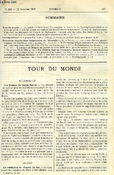 LE COSMOS - REVUE DES SCIENCES ET DE LEURS APPLICATIONS N 668 - Les brumes de Terre-Neuve, La contagion en chemin de fer, Les frugivores amricains, Un tlscope gant, Contre les voleurs, Le dplacement des membranes tlphoniques, Le tour du monde