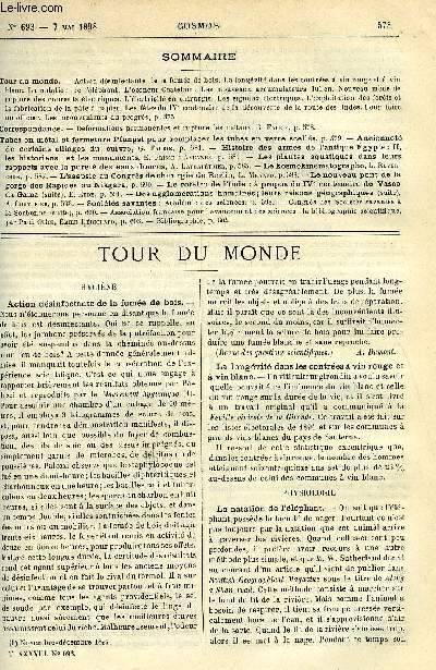 LE COSMOS - REVUE DES SCIENCES ET DE LEURS APPLICATIONS N 693 - Action dsinfectante de la fume de bois, La longvit dans les contres a vin rouge et a vin blanc, La natation de l'lphant, L'ozoneur Chatelain, Les nouveaux accumulateurs Julien