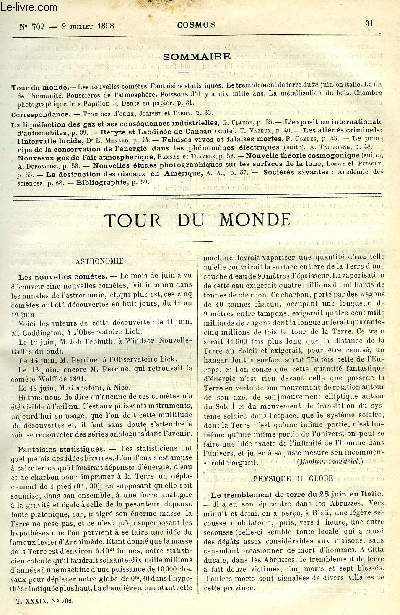 LE COSMOS - REVUE DES SCIENCES ET DE LEURS APPLICATIONS N 702 - Les nouvelles comtes, Fantaisies statistiques, Le tremblement de terre du 28 juin en Italie, La fin de l'humanit, Poussires de l'atmosphre, Poissons d'il y a dix mille ans