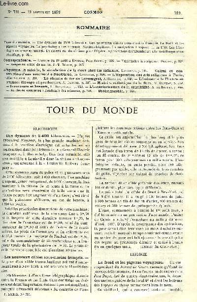LE COSMOS - REVUE DES SCIENCES ET DE LEURS APPLICATIONS N 711 - Une dynamo de 2400 kilowatts, Les nouveaux cables sous-marins francais, Le froid et les pigeons voyageurs, La psychologie des fourmis, Navires-hopitaux, La navigation a vapeur en 1543