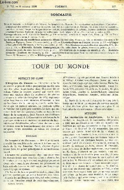 LE COSMOS - REVUE DES SCIENCES ET DE LEURS APPLICATIONS N 715 - L'ruption du Vsuve, La longvit de l'homme, La vaccination en Angleterre, L'empoisonnement par des poires et le sulfate de cuivre, Les chevaux amricains en Europe, Un phnomne