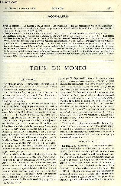 LE COSMOS - REVUE DES SCIENCES ET DE LEURS APPLICATIONS N 716 - La plante Witt, La fume et les orages, La ts-ts, Electromobiles, Un expdient lectrique, Nouvelles locomotives amricaines, Grands wagons pour les marchandises, Rapidit des nouvelles