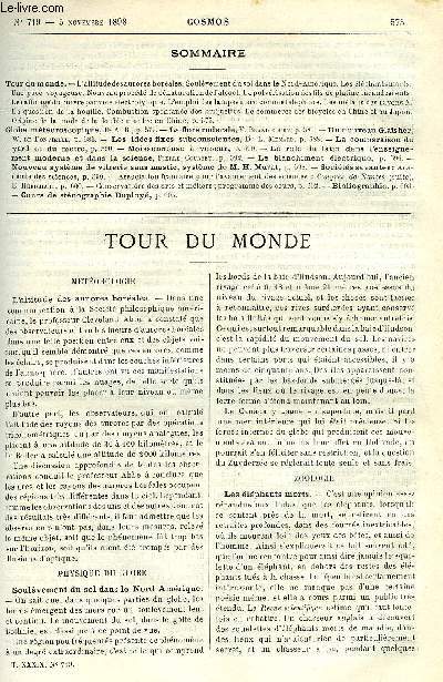 LE COSMOS - REVUE DES SCIENCES ET DE LEURS APPLICATIONS N 719 - L'altitude des aurores borales, Soulvement du sol dans le Nord-Amrique, Les lphants morts, Une puce voyageuse, Nouveau procd de dnaturation de l'alcool, La pulvrisation des fils