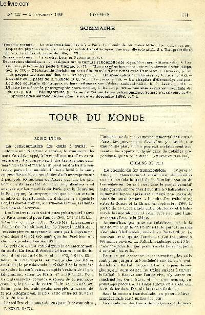 LE COSMOS - REVUE DES SCIENCES ET DE LEURS APPLICATIONS N 722 - La consommation des oeufs a Paris, Le chemin de fer transsibrien, Les routes sur mer, Emploi des pigeons voyageurs par les paquebots transatlantiques, Une nouvelle soie artificielle