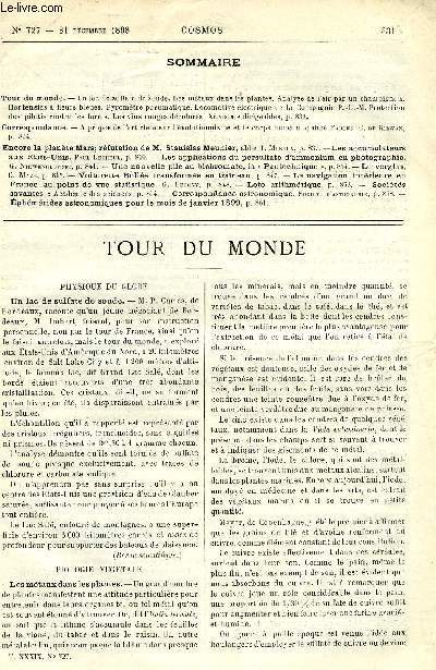 LE COSMOS - REVUE DES SCIENCES ET DE LEURS APPLICATIONS N 727 - Un lac de sulfate de soude, Les mtaux dans les plantes, Analyse de l'air par un champignon, Hortensias a fleurs bleues, Pyromtre pneumatique, Locomotive lectrique de la Compagnie P. L-M.