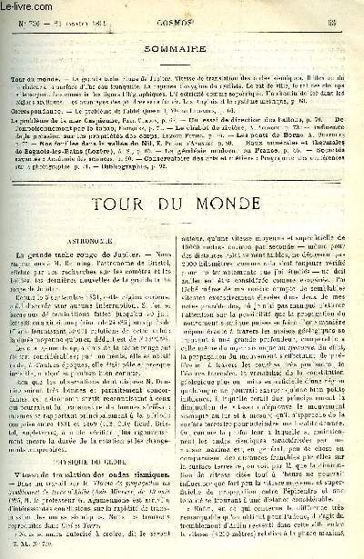 LE COSMOS - REVUE DES SCIENCES ET DE LEURS APPLICATIONS N 730 - La grande tache rouge de Jupiter, Vitesse de translation des ondes sismiques, Rflexion de la chaleur a la surface d'une eau tranquille, La dpense d'oxygne du cycliste, Le rat de ville