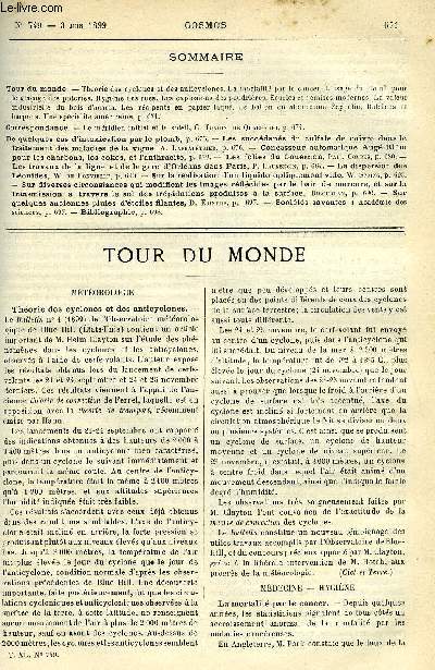 LE COSMOS - REVUE DES SCIENCES ET DE LEURS APPLICATIONS N 749 - Thorie des cyclones et des anticyclones, La mortalit par le cander, L'usage du plomb pour le glacage des poteries, Hygine des rues, Les explosions des poudrires, Ecuries et remises