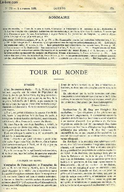 LE COSMOS - REVUE DES SCIENCES ET DE LEURS APPLICATIONS N 771 - L'eau de source a Paris, L'oxygne de l'atmosphre et l'oxygne du sol, Recherches de M. Day sur l'origine des asphaltes, Extinction des incendies dans les mines, L'or dans le charbon