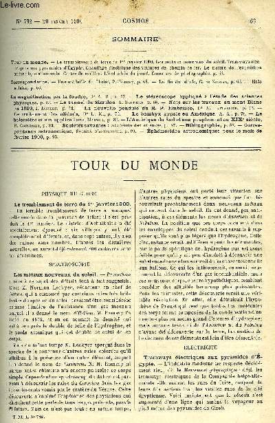 LE COSMOS - REVUE DES SCIENCES ET DE LEURS APPLICATIONS N 782 - Le tremblement de terre du 1er janvier 1900, Les nouveaux mtaux du soleil, Tramways lectriques aux pyramides d'Egypte, chauffage lectrique des voitures de chemin de fer, Le navire