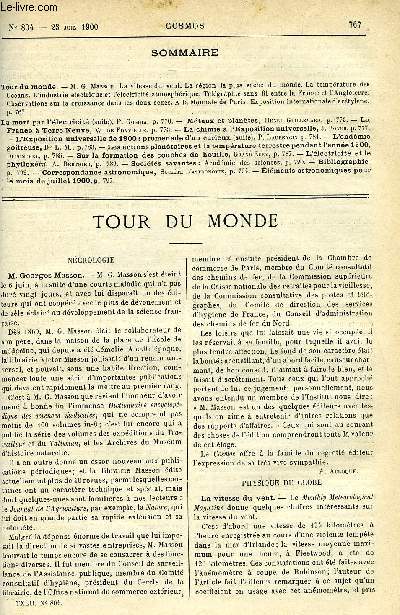 LE COSMOS - REVUE DES SCIENCES ET DE LEURS APPLICATIONS N 804 - M. G. Masson, La vitesse du vent, La rgion la plus sche du monde, La tmprature des Ocans, L'industrie lectrique et l'lectricit atmosphrique, Tlgraphie sans fil entre la France