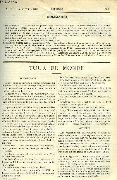 LE COSMOS - REVUE DES SCIENCES ET DE LEURS APPLICATIONS N 818 - La prvision des pluies a longue chance en Algrie, Les vaccinations antirabiques a l'institut Pasteur en 1899, L'arsenic et le phosphore, Production de l'actylne; les appareils a chute
