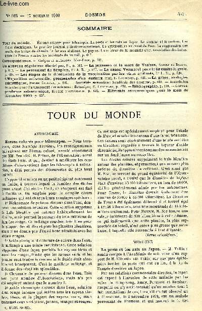 LE COSMOS - REVUE DES SCIENCES ET DE LEURS APPLICATIONS N 825 - Ecrans colors pour tlscope, La peste et les rats au Japon, Le serpent et le cochon, Les fours lectriques, Le premier journal d'lectromagntisme, La syviculture au canal de Suez